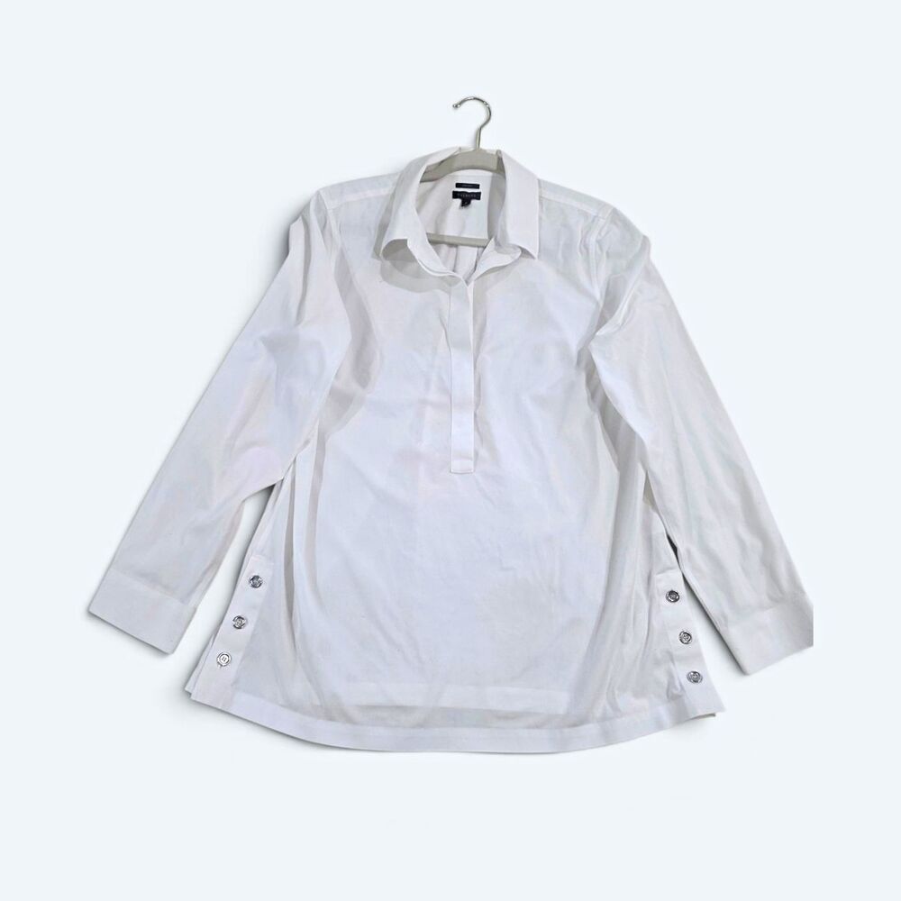 Talbots Non-Iron White Cotton Popover Tunic Shirt Side Button Detail Size 12